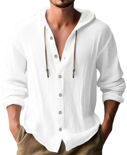WINKEEY Camisas Hombre de Manga Larga con Botones Cordón Capucha Camisas Lino Hombre para Cómodas Elegantes Playa Vacaciones Ropa Hombre,Blanco L