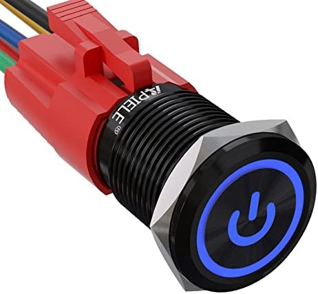 APIELE 16mm Latching Push Button Switch 0.63" 12V Power Symbol Ring Led Car Metal with Socket Plug 1NO1NC SPDT ON/Off (Blue/Black Shell)