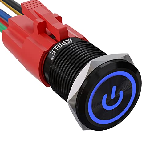 Apiele 16Mm Latching Push Button Switch 0.63" 12V Power Symbol Ring Led Car Metal With Socket Plug 1No1Nc Spdt On/Off (Blue/Black Shell) #TOP28