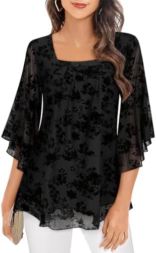 Misyula Womens Square Neck Ruffle 3/4 Sleeve Tunic Tops Double Layers Elastic Mesh Casual Flowy Floral Blouses M-3XL
