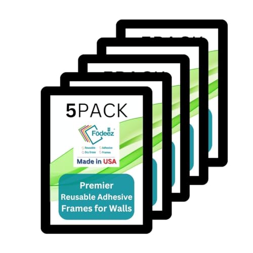 Fodeez 8.5 x 11 Adhesive Wall Frames - Peel & Stick Picture Frames, Wall Sign Holder, Paper & Letter Protector Sheets, Reusable Picture Frame, Dry Erase, Non Magnetic & Non Acryclic - Black, Pack of 5