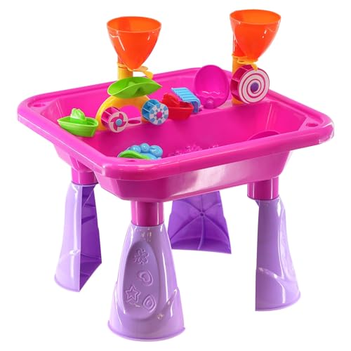 the magic toy shop sand and water table, 23-piece set, pink – includes watering can & accessories, two compartments & drainage – kids outdoor play equipment for messy sandpit play