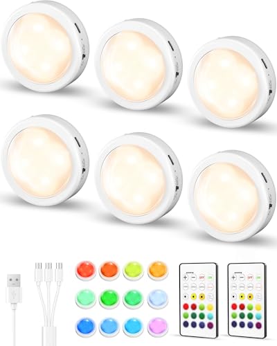 EZVALO 6-Pack Rechargeable Puck Lights with Remote Mini Under Cabinet Lighting 2.95 Tap Lights 16 RGB Colors & 3 White Color Temps Dimmable Stick-On Closet Lights for Kitchen Shelf