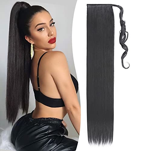 Benehair Ponytail Extension 32 Inches Long Wrap Around Ponytail Hair Extension Straight Synthetic Braid Extensions Clip in Hairpiece for Women Off Black