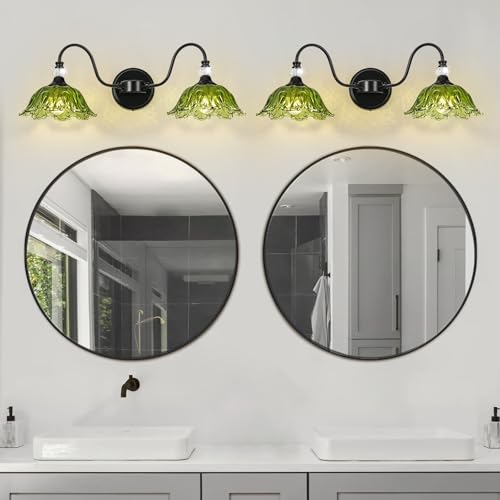 Image of Black Bathroom Vanity Light, 2-Light Vanity Light with Floral Green Glass Shades,Vintage Farmhouse Wall Mount Lighting for Bathroom, Dressing Table