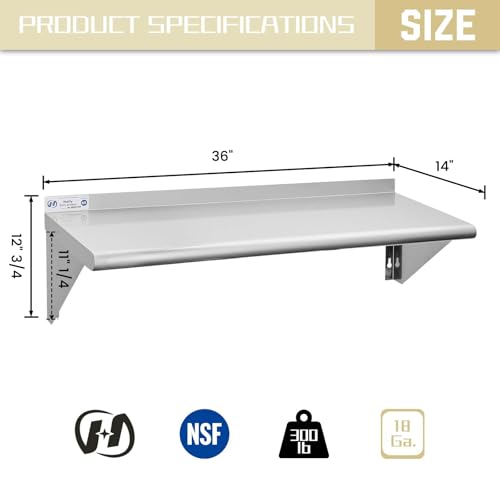 Image of Hally Stainless Steel Shelf 14 x 36 Inches, 300 lb, Commercial Wall Mount Floating Shelving for Restaurant, Kitchen, Home and Hotel