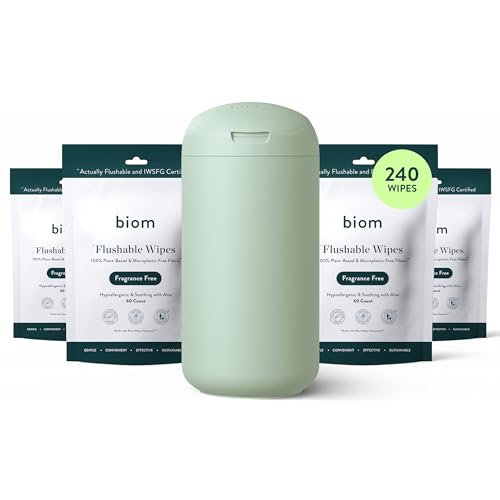Biom Flushable Wipes Starter Kit - 4pk (240 Total) Fragrance Free Wipes + Refillable BPA-Free Dispenser- Plant-Based Non-Toxic Wet Wipes for Adults & Baby - Perfect For Home & Travel