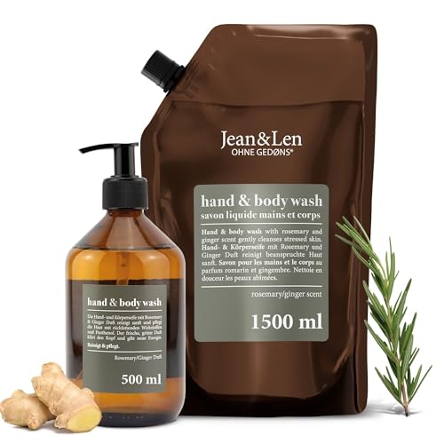 Jean&Len Hand & Body Wash Jabón líquido para manos y cuerpo con romero y jengibre, limpia e hidrata la piel, sin parabenos, botella de vidrio de 500 ml y bolsa de recambio de 1,5 l
