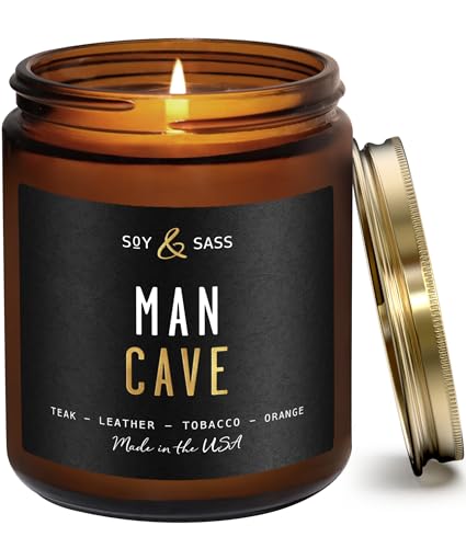 Man Cave Candle I Scented Black Candles for Men - Rich Teakwood & Tobacco Soy Wax Mens Candle - Infused w/Essential Oils | Masculine Manly Candles for Men I 50Hr Burn, 9oz I Non Toxic I Made in USA