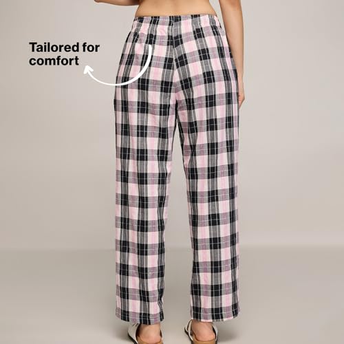 Image of Nykd (NYS141) Checked Pure Cotton Pyjama Sleepwear Pants for Women | Relaxed Fit with Non-Slip Elasticated Waistband, Adjustable Drawcord & 2 Side Pocket | Ideal for Night, Lounge & Daily Wear