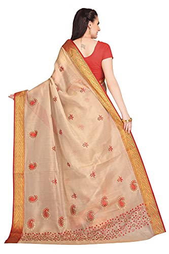 Image of RANI SAAHIBA Women's Poly Cotton Embroidered Saree With Blouse Piece (SKR7010 Beige-Red)