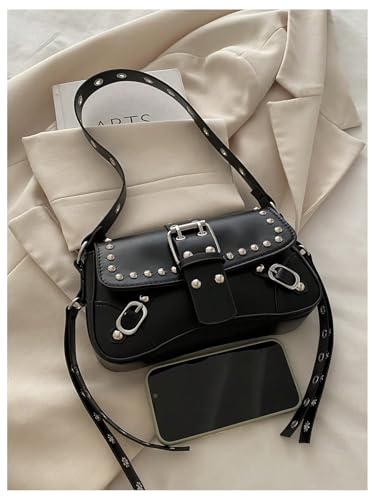 SHENHE Women's PU Leather Shoulder Handbag Punk Rivet Flap Studded Vintage Underarm Bags3