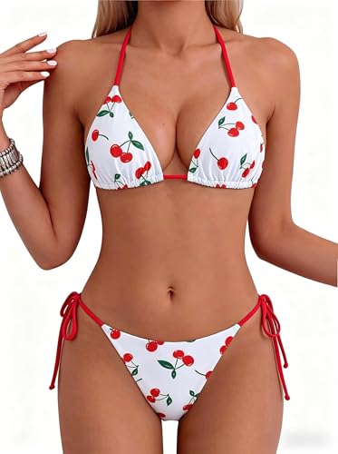 Image of Tainehs Women's Sexy Halter Thong Bikini Tie Two Sides Bottom Triangle Bikini Swimsuits