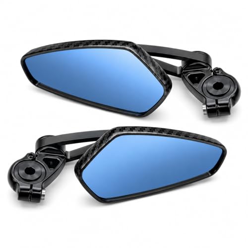 Image of Universal Motorcycle Bar End Rear View Mirror Set of 2, Blue Anti Glare Side Mirrors with Carbon Fiber Look Housing, Adjustable Foldable Bike Mirror for Motorcycle and Sports Bike