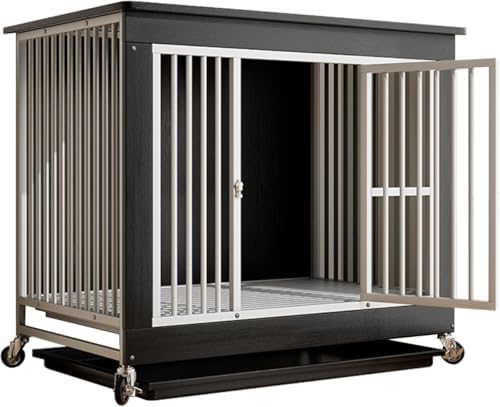 LumingLight犬 ケージ ドッグ ペットサークル 木製 犬小屋 小中大型犬用 キャスター付き 室内/屋外 おしゃれ トレー付き お手入れ簡単 木製+スチール製 頑丈 脱走防止 掃除と収納が簡単 (97*67*89.5cm,ブラック)