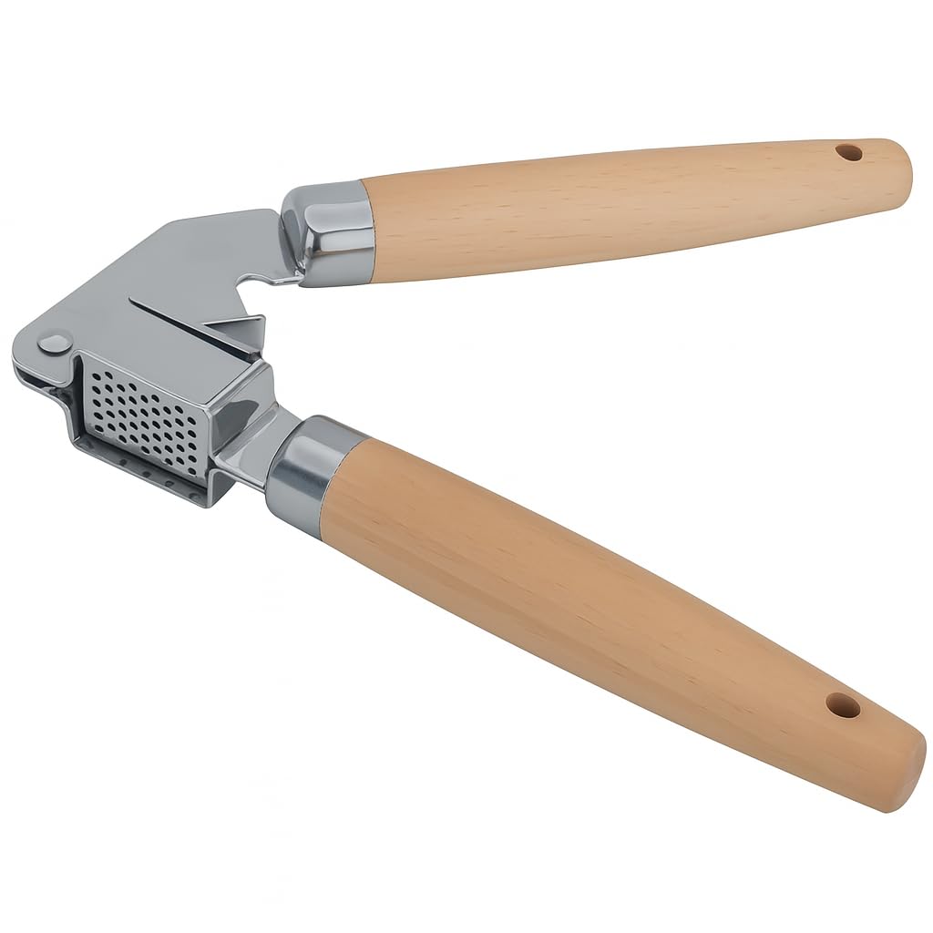 Stainless Steel Garlic Press – Ergonomic Kitchen Essential for Crushing Garlic and Shallots, Removable Basket for Easy Cleaning, and Durable Construction