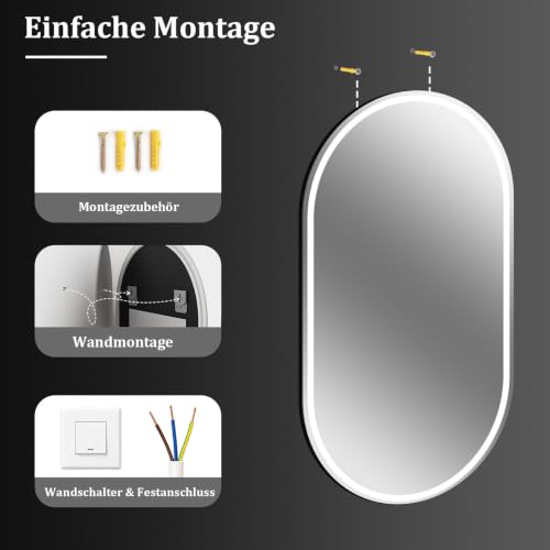 XRAMFY Badspiegel mit Beleuchtung LED 80×40CM Anti-Beschlag Badezimmer Wandspiegel Badezimmerspiegel IP65 Wassergeschützt – Ansicht 8