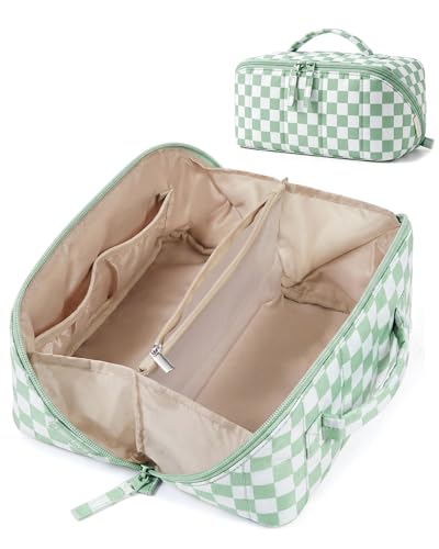 Image of BAGSMART Puffy Travel Makeup Bag Toiletry Bag for Women, Checkred Green