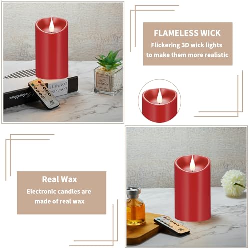Image of Rechargeable Flameless Candles, Battery Operated Candles with Remote and Timers, Flickering LED Pillar Real Wax Red USB Candle 3D Wick for Home, Wedding, Halloween, Christmas 3 inch x 4 inch