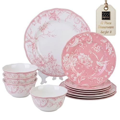 222 Fifth Adelaide Blush 12-Piece Pink Porcelain Dinnerware Set Service for 4 Big Dinner Plates and Bowls Sets White with Pink Floral Pattern for Daily Entertainment Microwave & Dishwasher Safe
