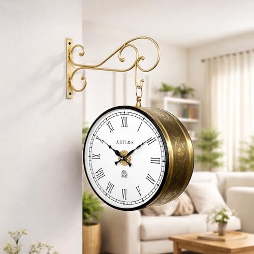 Image of Handcrafted Double Side Metal Analog Vintage Wall Clock | 1.5 Year Machine Warranty | 12 INCHES | 1 Side Number 1 Side Roman,Color Golden
