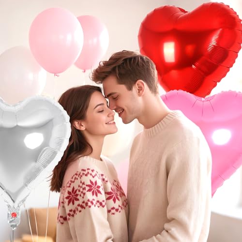 Image of 6 Pcs 32 Inch Red Pink Silver Heart Balloons, Giant Heart Shape Foil Balloons Love Balloon Valentine Balloon for Birthday Party Wedding Engagement Party Baby Shower Valentine Day Decorations