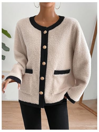 Verdusa Women's Old Money Button Down Sherpa Jacket Business Casual Fuzzy Outerwear with Pockets3