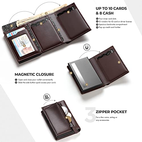 Image of VULKIT Card Holder Wallet with Coin Pocket Magnetic Closure Pop Up Cards With ID Window Leather Wallet for Cash & Credit Cards, Top Grain Cowhide - Espresso, Medium, Minimalist