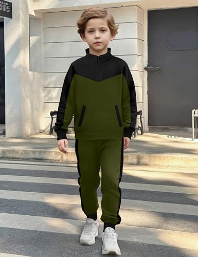 Boys Clothes Solid Color Block Kid Boys' Clothing Sets Stand Collar Half-Zip Sweatsuit 2pcs Outfits with Pocket 6-12y