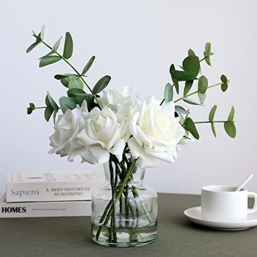 grtefhu Artificial Flowers with White Roses in Vase, Fake Flowers in Artificial Water Vase, Silk Flower Arrangements in Vase with Artificial Flowers for Home Dining Table Decor.