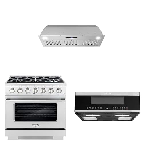 Image of COSMO 3-Piece Kitchen Appliance Packages, 36" Insert Range Hood with Soft Touch Controls, 36" Professional Style Gas Range and 30" Slim Over the Range Microwave