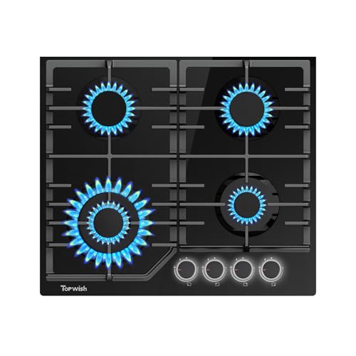 TOPWISH gaskochfeld, gaskochfeld 4 flammig einbau, gasherd 60cm, gaskochfelder mit weiße beleuchteter Drehknopf, NG/LPG Konvertierbar, Flammabriss Schutz, Zündautomatik, 8000 Watt