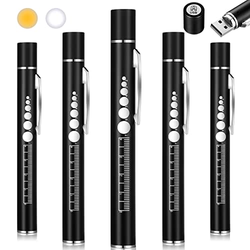 5 Pcs Pen Lights for Nurses LED Medical Penlights with Pupil Gauge and Ruler, USB Rechargeable Pen Light 2 Modes Warm White Light Nursing Student, Doctor Nurse Accessories for Work, Black