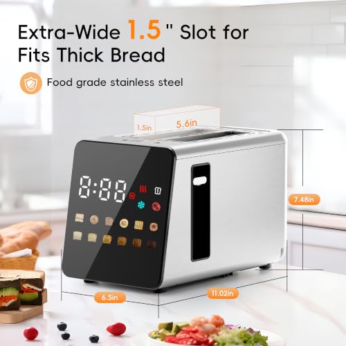 Image of WUNLY 2 Slice Toaster with Full Smart Touch Control,Memory Function,Single-Slot Tech,6 Shade Levels & 6 Bread Settings,Extra Wide Slot for Bagels,Digital Timer,Reheat & Defrost,Platinum