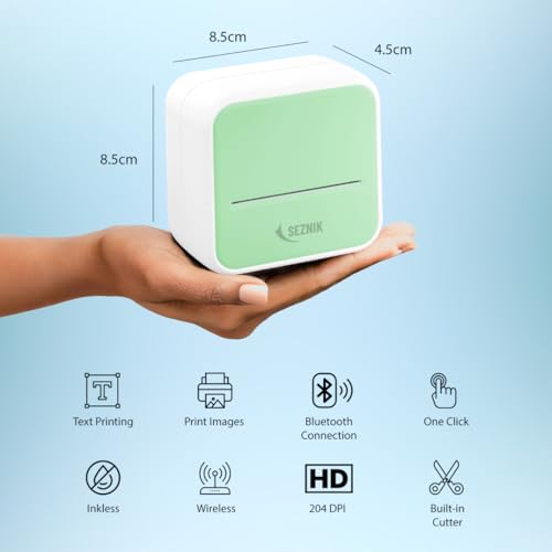 SEZNIK Mini Printer, Inkless, Thermal, Bluetooth, Portable Printer, Compatible Android, iOS Mobile. 1 Year Warranty (MiniX-Green)
