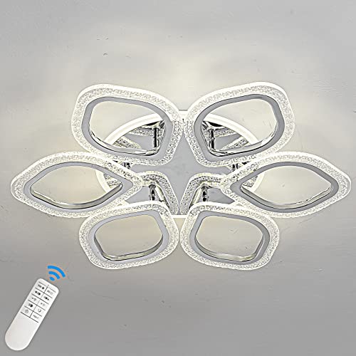 Buy 1 get 1 🔥 Qcyuui LED Ceiling Light 80W Dimmable Ceiling Lighting Fixtures with Remote Control Modern Flush Mount Chandeliers Ceiling for Living Room, Bedroom, Study, 6-Leaf Flower Shape/Chrome