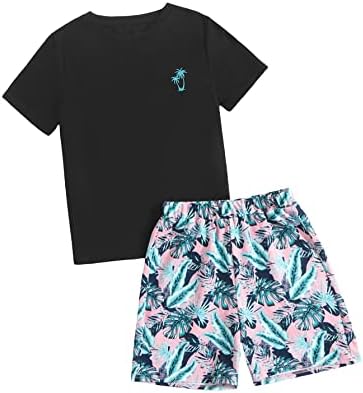 SHENHE Boy&#39;s Two Piece Outfits Tropical Print Short Sleeve T Shirt and Shorts Set