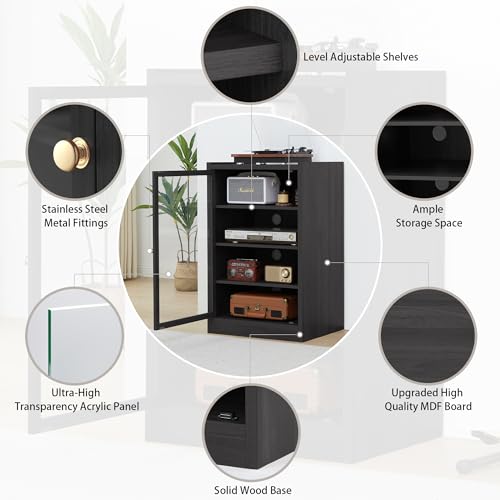 Media Cabinet with Door, Black 5-Tier Stereo Cabinet with Adjustable Shelves, AV Media Shelf Storage Cabinet with Cable Management, Audio-Video Rack Stand for Living, Gaming, Recording Room (Black)