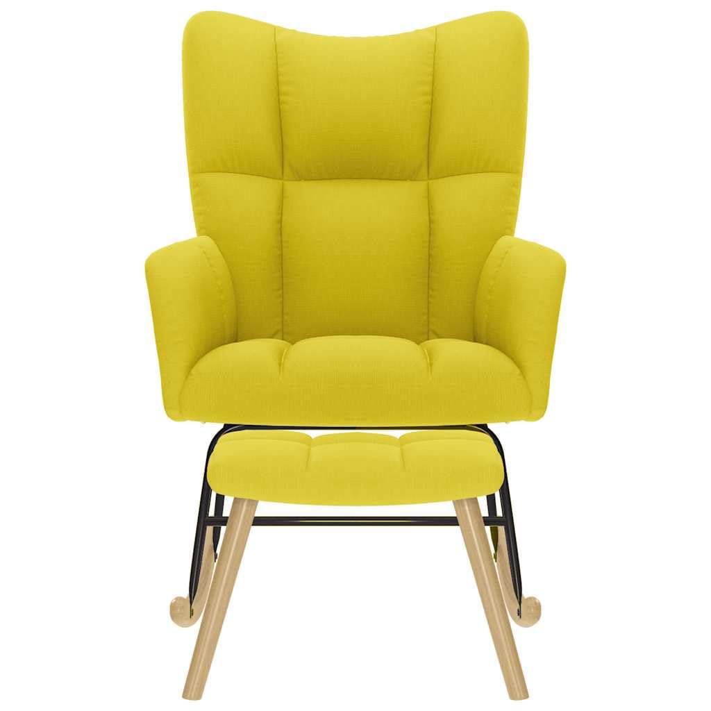 Mecedora con reposapiés de tela amarillo claro, cómodo sillón tapizado con asiento y respaldo acolchados gruesos, marco estable de madera y metal, movimiento suave de balanceo,