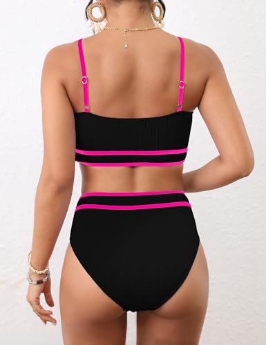 Image of BMJL Women's High Waisted Bikini Ribbed Two Piece Swimsuit High Cut Color Block Adjustable Straps Bathing Suit