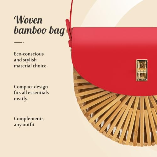 Image of Handwoven Bamboo Bag Summer Straw Purse Crossbody Bags for Women Natural Handmade Beach Bamboo Purse with Leather Strap