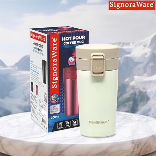 Image of Signora Ware Stainless Steel Hot Pour Coffeemate Insulated Mug, Vacuum Insulated Tea Coffee Mug, Travel Coffee Mug with Lid, 8 Hours Hot and 14 Hours Cold, 300 Ml,Set of 1, White