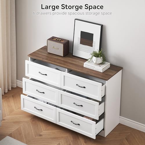GAOMON-6-Drawer-Dresser-Farmhouse-Chest-of-Drawer-with-Metal-Handles-Modern-Storage-Organizer-with-Anti-Collapse-Design-Wooden-Dresser-for-Living-Room-Bedroom-Hallway-White-and-Brown GAOMON 6 Drawer Dresser Farmhouse Chest of Drawer with Metal Handles Modern Storage Organizer with Anti Collapse Design Wooden Dresser for Living Room Bedroom Hallway White and Brown
