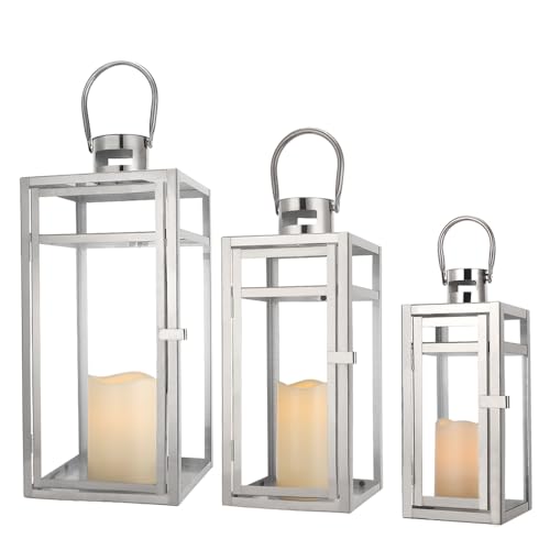TRIROCKS 3tlg. Edelstahl Hängende Glaslaterne 48/38/30 cm Hoch Kerzenständer Windlicht Hochzeitsgeschenke Für Kerzen Garten Draußen Terrassen Balkon Dekoration Geburtstag (Silber)