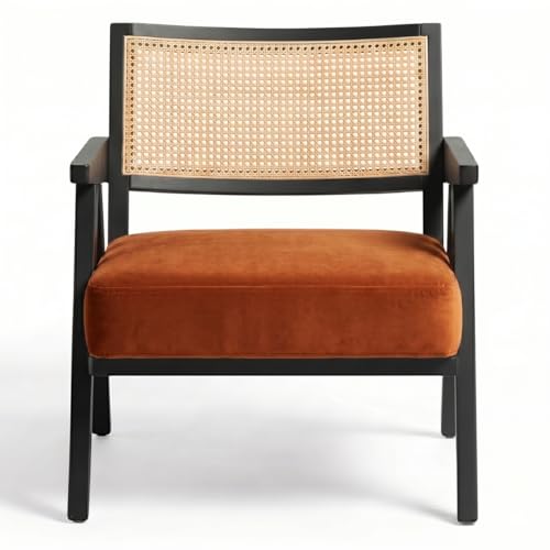 Image of Kingsman Furnitures ABEL Rattan Teak Wood Accent Arm Chair for Home Bedroom, Living, Drawing Room | Ultra Soft Comfortable for Stress Free | Removable Cushion (Black Natural Cane Burnt Orange Velvet)