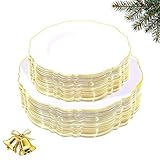 WDF 100pcs Gold Plastic Plates - High-end Baroque Design - Heavy Duty White &Gold Wedding Plates Set Ideal for Christmas Weddings/Party/Bridal Shower