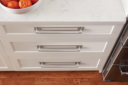 Image of Amerock Medora 10-1 /16 inch Polished Nickel Backplate | Decorative zinc cabinet hardware backplate designed to complement knobs and pulls while protecting cabinet surfaces