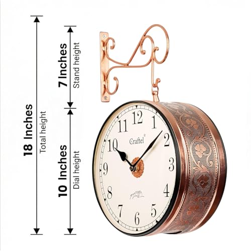 Image of CRAFTEL Double Sided Station Clock Electroplated | Both English Numerals | Aluminum Dial Brass Body | Handcrafted Jodhpur Gift for Home Hall Office | Dial - 10 Inches, Rose Gold | 365 Days Warranty