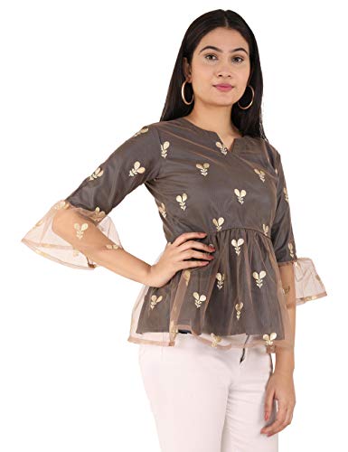 Image of UNFAKENOW Women Trendy Indo Western Casual wear Stylish Going Out Peplum Cotton top Ladies Floral Print Ruffled Plus Size Party net Tunic Long Bell Sleeve Pleated Fancy Nice top