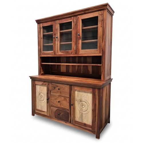Image of ANGEL FURNITURE Sheesham Wood Kitchen Cabinet, 72 inch Height, Glass Doors, 3 Drawers, Mandala Design, Natural Brown (Honey Finish)